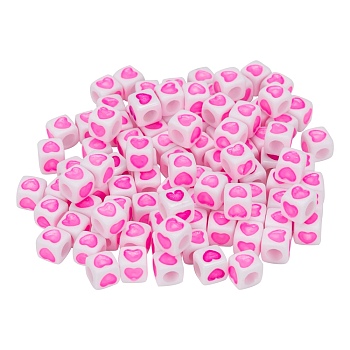 Opaque White Acrylic European Beads, Large Hole Beads, Cube with Heart Pattern, Fuchsia, 7x7x7mm, Hole: 4mm, 100Pcs/Bag