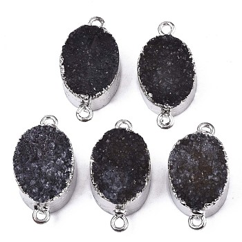 Natural Druzy Agate Links Connectors, with Edge Platinum Plated Iron Loops, Dyed, Oval, Black, 25~26x13.5x8~9mm, Hole: 1.5mm