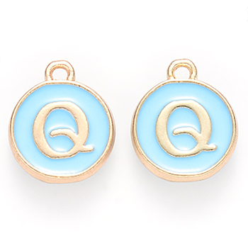 Golden Plated Alloy Enamel Charms, Cadmium Free & Lead Free, Enamelled Sequins, Flat Round, Sky Blue, Letter.Q, 14x12x2mm, Hole: 1.5mm