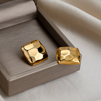 304 Stainless Steel Stud Earrings for Women, Hammered Square, Real 18K Gold Plated, 21.7mm