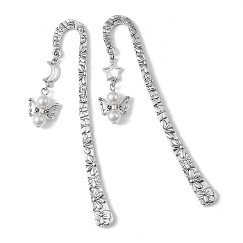 Angel Alloy Hook Bookmarks, with ABS Plastic Imitation Pearl Beads, Antique Silver, White, 124x20x2.1mm, 2pcs/set