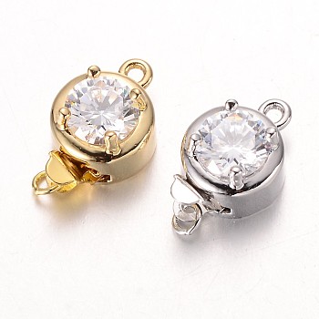 Brass Cubic Zirconia Box Clasps, Cadmium Free & Nickel Free & Lead Free, Flat Round, Mixed Color, 15.5x10x1.5mm, Hole: 1 & 1.5mm