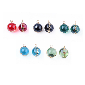 Transparent Glass Pendants, with Brass Findings, Round, Light Gold, Mixed Color, 17x13x12.5mm, Hole: 2mm