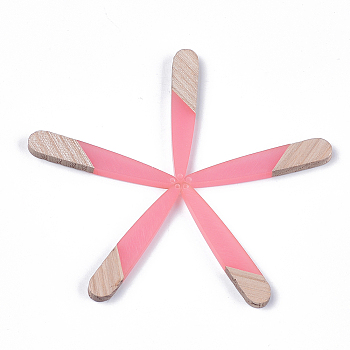 Resin & Wood Pendants, Teardrop, Hot Pink, 44x7.5x3mm, Hole: 1.2mm
