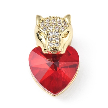Real 18K Gold Plated Rack Plating Brass Micro Pave Clear Cubic Zirconia Pendants, with Glass, Long-Lasting Plated, Cadmium Free & Lead Free, Leopard with Heart Charm, Red, 20x12x10.5mm, Hole: 5x4mm