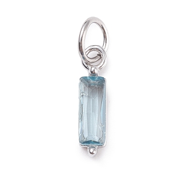 304 Stainless Steel Cubic Zirconia Pendants, Rectangle, Stainless Steel Color, Light Blue, 17x4x4mm, Hole: 5mm