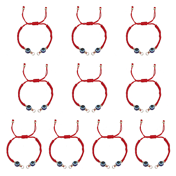 10Pcs Adjustable Braided Nylon Thread Link Bracelet Making, with Resin Evil Eye, Real 18K Gold Plated Brass Beads & 304 Stainless Steel Jump Rings, Red, 5-1/2 inch(14cm)