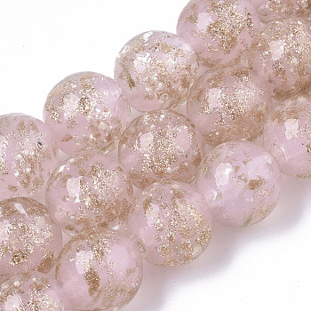 Handmade Gold Sand Lampwork Beads Strands, Luminous, Round, Pink, 11.5~12.5x11~12mm, Hole: 1mm, about 45pcs/Strand, 19.69 inch