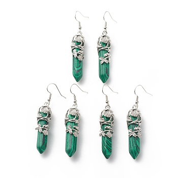 Synthetic Malachite Bullet with Flower Dangle Earrings, Platinum Tone Brass Jewelry for Women, Cadmium Free & Lead Free, 62~63mm, Pin: 0.6mm