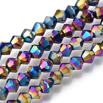 Electroplate Glass Bead Strands, Rainbow Plated, Faceted Bicone, Multi-color Plated, 4x4.5mm, Hole: 1mm, about 92~96pcs/strand, 13.78~14.37 inch