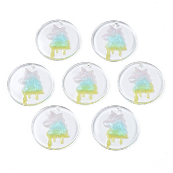 Transparent Resin Pendants, with Glitter Powder, Flat Round with Unicorn, Colorful, 27.5~28x3~3.5mm, Hole: 1.4mm