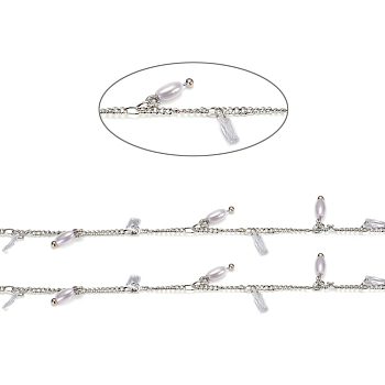 3.28 Feet Handmade Brass Curb Chains, with Glass & Cubic Zirconia Charms, Soldered, Long-Lasting Plated, Rice with Rectangle, Platinum, 2x1.5x0.3mm, 3x1.5x0.3mm