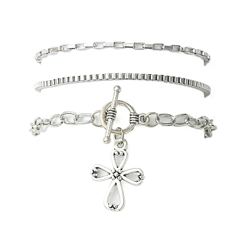 3Pcs 3 Style 316 Surgical Stainless Steel Box & Venetian Chain Bracelets Set with Corss Charms, Iron Cable Chain Stackable Bracelets, Stainless Steel Color, 7-1/4~7-5/8 inch(18.5~19.5cm), 1Pc/style