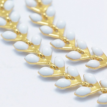 3.28 Feet Brass Handmade Chains, Unwelded, with Enameled Cobs, Long-Lasting Plated, Leaf, Real 18K Gold Plated, White, 6.5x6x0.5mm