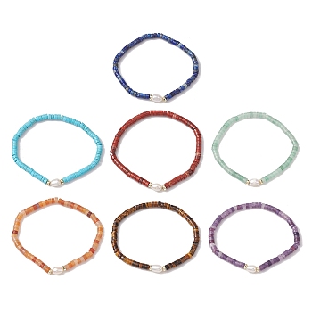 Natural Gemstone and Pearl Beads Btacelets, Strech Bracelets, Inner Diameter: 2 inch(5cm), 7pcs/set