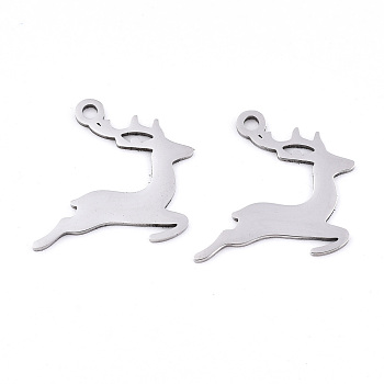 Non-Tarnish Christmas 201 Stainless Steel Pendants, Laser Cut, Christmas Reindeer/Stag, Stainless Steel Color, 18.5x17.5x0.9mm, Hole: 1.8mm