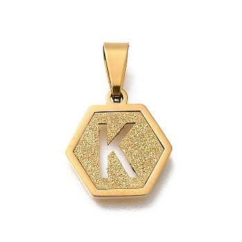 304 Stainless Steel Charms, Real 18K Gold Plated, Hexagon with Letter Charm, Letter K, 15x14x1.5mm, Hole: 3x5.5mm