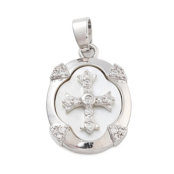 Rack Plating Brass Clear Cubic Zirconia Charms, with Shell, Oval with Cross, Platinum, 20x14.5x3.5mm, Hole: 5x3mm