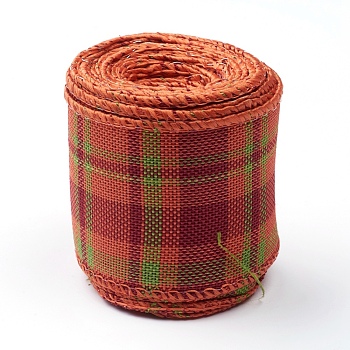 Polyester Imitation Linen Wrapping Ribbon, Wired Plaid Ribbon, for Crafts Decoration, Floral Bows Craft, Orange Red, 2 inch(50mm), about 6m/roll