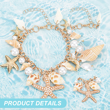 Elite 3Pcs Natural Conch Shell & Alloy Starfish & CCB Plastic Pearl Charm Bracelet(BJEW-PH0004-35)-4