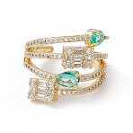 Aquamarine Cubic Zircon Teardrop and Rectangle Open Cuff Ring, Rack Plating Brass Jewelry for Women, Cadmium Free & Nickel Free & Lead Free, Real 18K Gold Plated, US Size 7 1/4(17.5mm)(RJEW-B043-08)