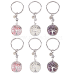 6Pcs 3 Styles Natural Amethyst & Synthetic Synthetic & Watermelon Stone Glass Keychain, Flat Round with Tree of Life, with 304 Stainless Steel Rings, 87mm, 2pcs/style(KEYC-FH00070)