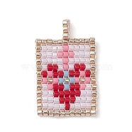 Handmade MIYUKI Round Rocailles Seed Beads, Loom Pattern, Rectangle Pendants, Red, 26.5x16x3mm, Hole: 2mm(PALLOY-MZ00191)