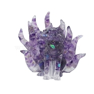 Resin Nine-tailed Fox Display Decoration, with Sequin Natural Amethyst Chips inside Statues for Home Office Decorations, 80x100x100mm(PW-WG76171-02)