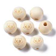 Unfinished Natural Wood European Beads, Large Hole Beads, Laser Engraved Pattern, Round with Fox, Old Lace, 15~16x14~15mm, Hole: 4mm(WOOD-S045-147)