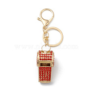 Shining Zinc Alloy Rhinestone Whistle Pendant Keychain, for Car Key Bag Charms Ornaments, Ruby, 11.9cm(KEYC-O014-01G-02)