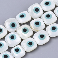 Natural Freshwater Shell Beads, with Enamel, Square with Evil Eye, Sky Blue, 10x10x4mm, Hole: 0.8mm(SHEL-N026-32)