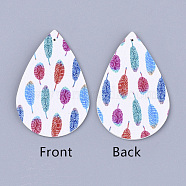 PU Leather Big Pendants, teardrop, with Feather Pattern, Colorful, 56x37x1.5mm, Hole: 1.2mm(X-FIND-S311-009A)
