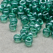 6/0 Grade A Round Glass Seed Beads, Transparent Colours Lustered, Medium Sea Green, 6/0, 4x3mm, Hole: 1mm, about 4500pcs/pound(SEED-Q011-4mm-F520)