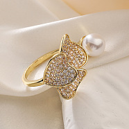 Brass Micro Pave Cubic Zirconia Cuff Rings for Women, with Plastic Imitation Pearl Beads, Flower, Real 18K Gold Plated, Inner Diameter: 20mm(RJEW-P129-02G)