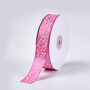 Single Face Satin Ribbon, Polyester Ribbon, Flower Pattern, Hot Pink, 1 inch(25mm), about 50yards/roll(45.72m/roll)(SRIB-T005-01I)