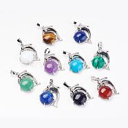 Natural & Synthetic Mixed Stone Pendants, with Brass Findings, Dolphin, Platinum, 30x23x8mm, Hole: 5x8mm(G-G713-A)