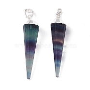 Natural Fluorite Pendants, Faceted Cone Charms, with Rack Plating Brass Findings, Silver, 34~34.5x7.5~8mm, Hole: 6x4mm(G-L479-44S)