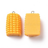 Opaque Resin Vegetables Pendants, Corn Charm with Platinum Tone Iron Loops, Imitation Food, Gold, 29.5x18x10.5mm, Hole: 2mm(RESI-H144-08)