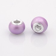 Spray Painted Glass European Beads, Large Hole Rondelle Beads, with Silver Tone Brass Cores, Plum, 14x11mm, Hole: 5mm(GPDL-J010-03S)