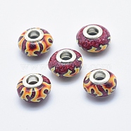 Handmade Polymer Clay European Beads, with Silver Color Plated Brass Cores, Large Hole Beads, Rondelle, Saddle Brown, 13~16x8~11mm, Hole: 4.5~5mm(CLAY-K002-L15)