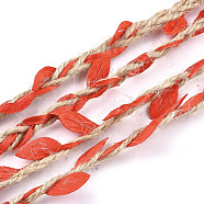 Polyester Leaf Trim Ribbon, with Hemp Twine, for Wedding Party Home Decoration, Red, 5~6x2~2.5mm, about 100m/bundle(OCOR-S035-01H)