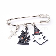 Iron Safety Brooch for Halloween, with Alloy Enamel Pendants, Haunted House & Ghost, Black, Platinum, 38mm(JEWB-BR00048-03)