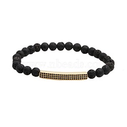 6MM Natural Lava Rock Beaded Bracelets, Tube Brass Micro Pave Cubic Zirconia Stretch Bracelets(PY2315-3)