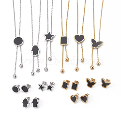 304 Stainless Steel Jewelry Sets, with Resin, Pendant Necklaces and Stud Earrings, Mixed Shapes, Black, Mixed Color, 17.71 inch~18.66 inch(45~47.4cm), 2mm, 11~15.5x8.5~16.5mm, Pin: 0.6mm(SJEW-E325)