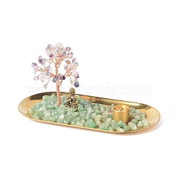 Natural Fluorite Money Tree Buddha Sculpture Set Incense Burner & Natural Green Aventurine on Trays for Wealth, Good Luck, Yoga Meditation Home Decor, 180x100x84.5mm(DJEW-G027-19RG-06)