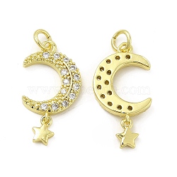 Brass Micro Pave Cubic Zirconia Pendants, with Jump Ring, Moon & Star Charm, Golden, 23x12x2.8mm, Hole: 2.5mm(KK-E068-VB208)