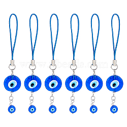 Flat Round Handmade Evil Eye Lampwork Pendant Decoration, with Nylon Mobile Phone Strap, for Car Hanging Accessories, Blue, 103mm, 6pcs/set(HJEW-AB00134)