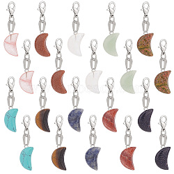 Gemstone Moon Pendant Decoration, with Alloy Lobster Claw Clasps, 40mm, 10 colors, 2pcs/color, 20pcs/set(HJEW-AB00350)