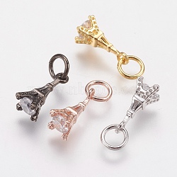 Brass Micro Pave Cubic Zirconia Charms, Eiffel Tower, Mixed Color, 11x4.5mm, Hole: 3mm(ZIRC-G133-04)