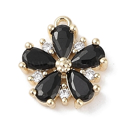 Brass Micro Pave Cubic Zirconia Charms, Real 18K Gold Plated, Flower, Black, 13x11.5x3mm, Hole: 1mm(KK-G491-26G-03)